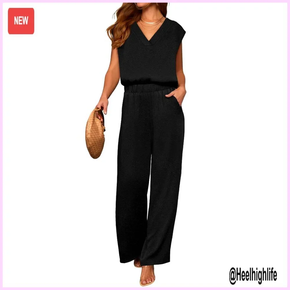 2-Piece Lounge Set V-Neck Top Wide Leg Pants Travel Outfit